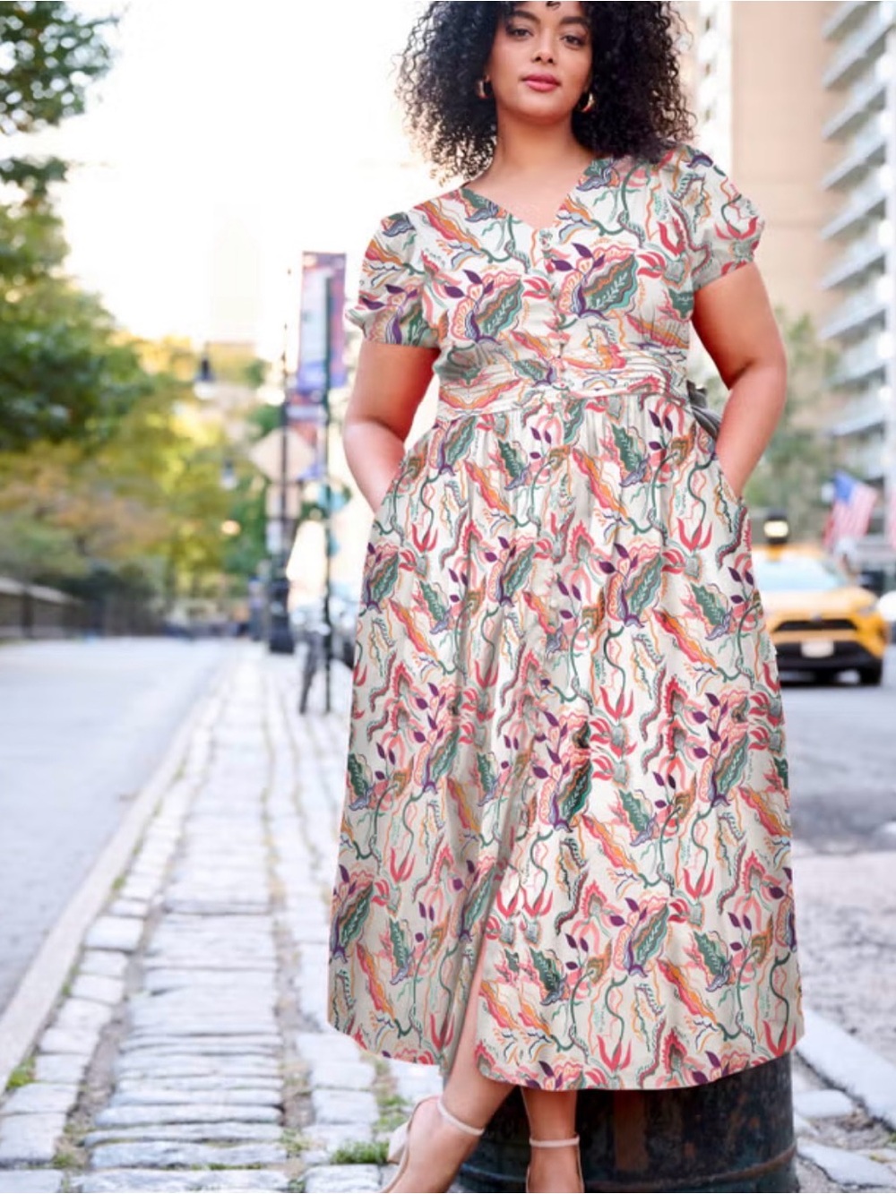 Avenue Cream Midi Dress with Multicolor Botanical Print